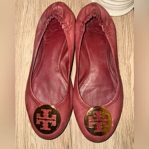 Tory Burch Burgundy Ballet Flats with Gold Emblem